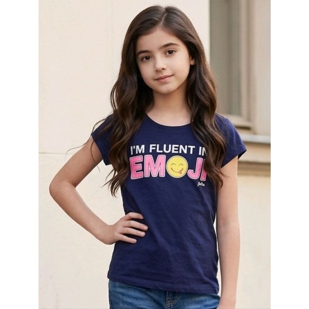 Justice Girls Size 8 I'm Fluent in Emoji Glitter Graphic Tee Navy Blue T-Shirt